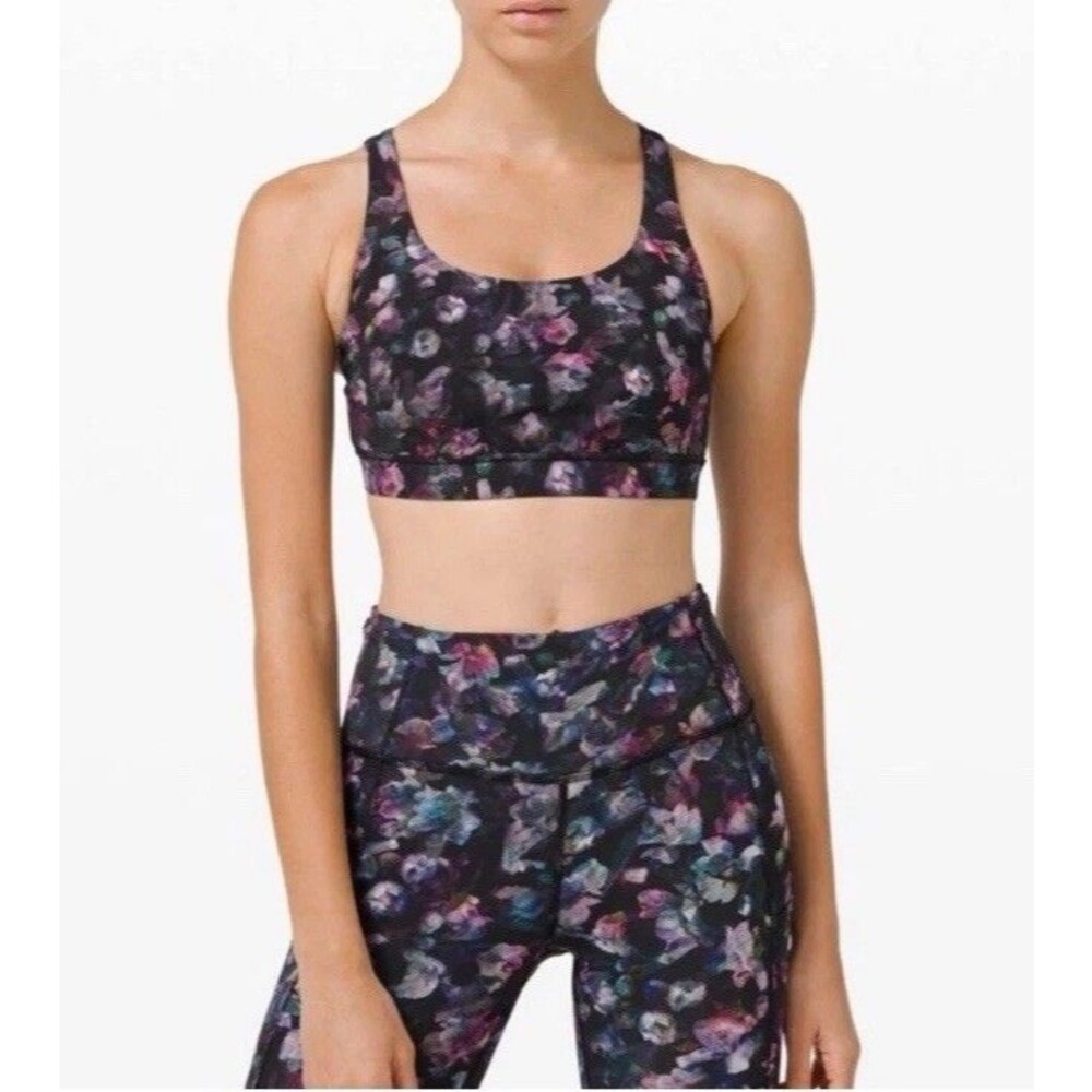 Lululemon Energy Bra Sz 4 Floral Strappy Medium Support Purple Black Women